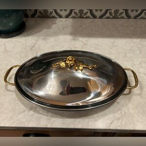 Vintage, ONEIDA & PYREX Stainless Steel Golden Damask Gold Rose Dish Set- EUC